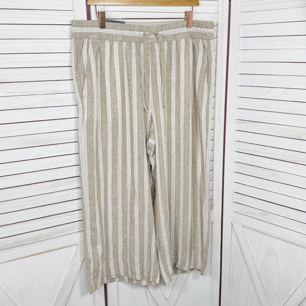 Banana Republic Striped‎ Linen Blend Wide Leg Crop Pants Tan White Large